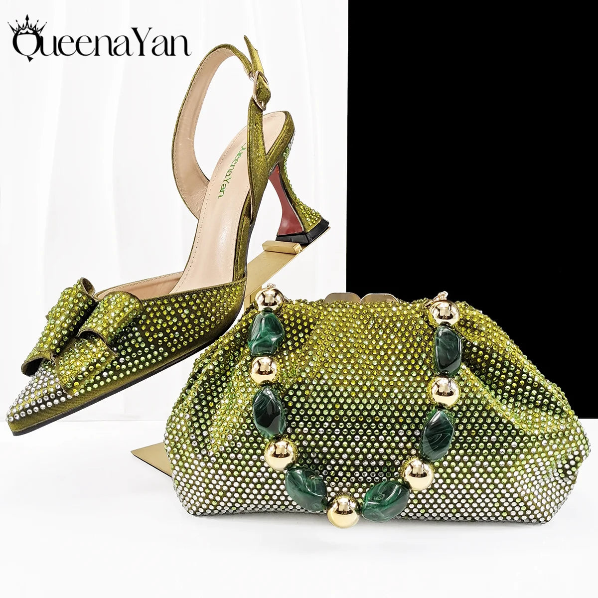 Queena Yan Newest Full of Rhinestone Design Olive Color Lady Sheos and Metal Bead-Embellished Handbag Set for Parrt Wedding Pi-Mart