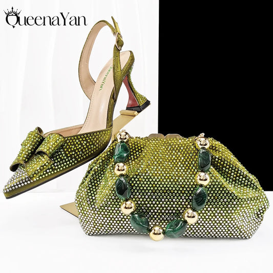 Queena Yan Newest Full of Rhinestone Design Olive Color Lady Sheos and Metal Bead-Embellished Handbag Set for Parrt Wedding Pi-Mart