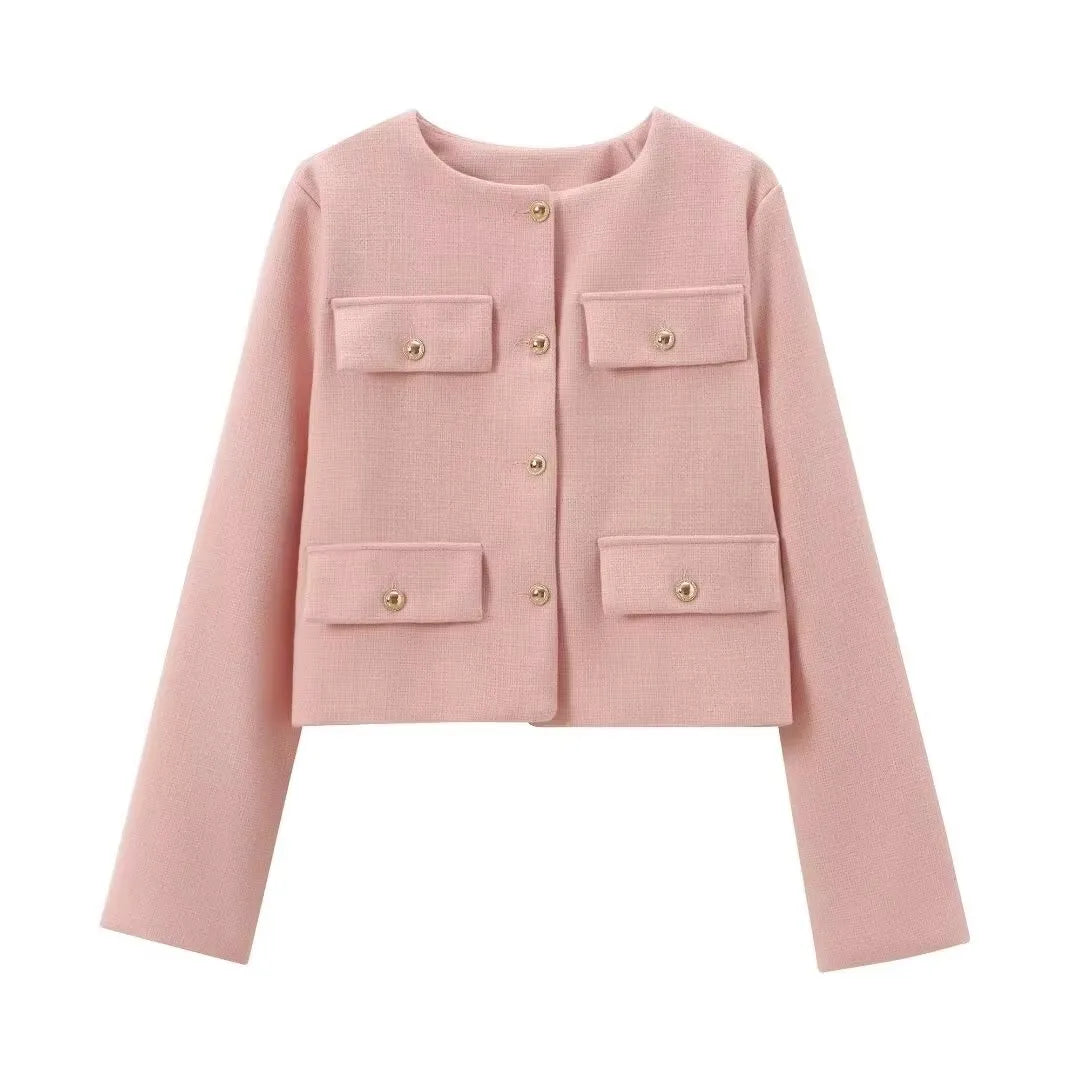 HH Women Vintage Solid Coat Button Long Sleeve O Neck Jacket With Pocket 2024 Spring Elegant Female Casual Outerwear Jakcet LadyShow.Store