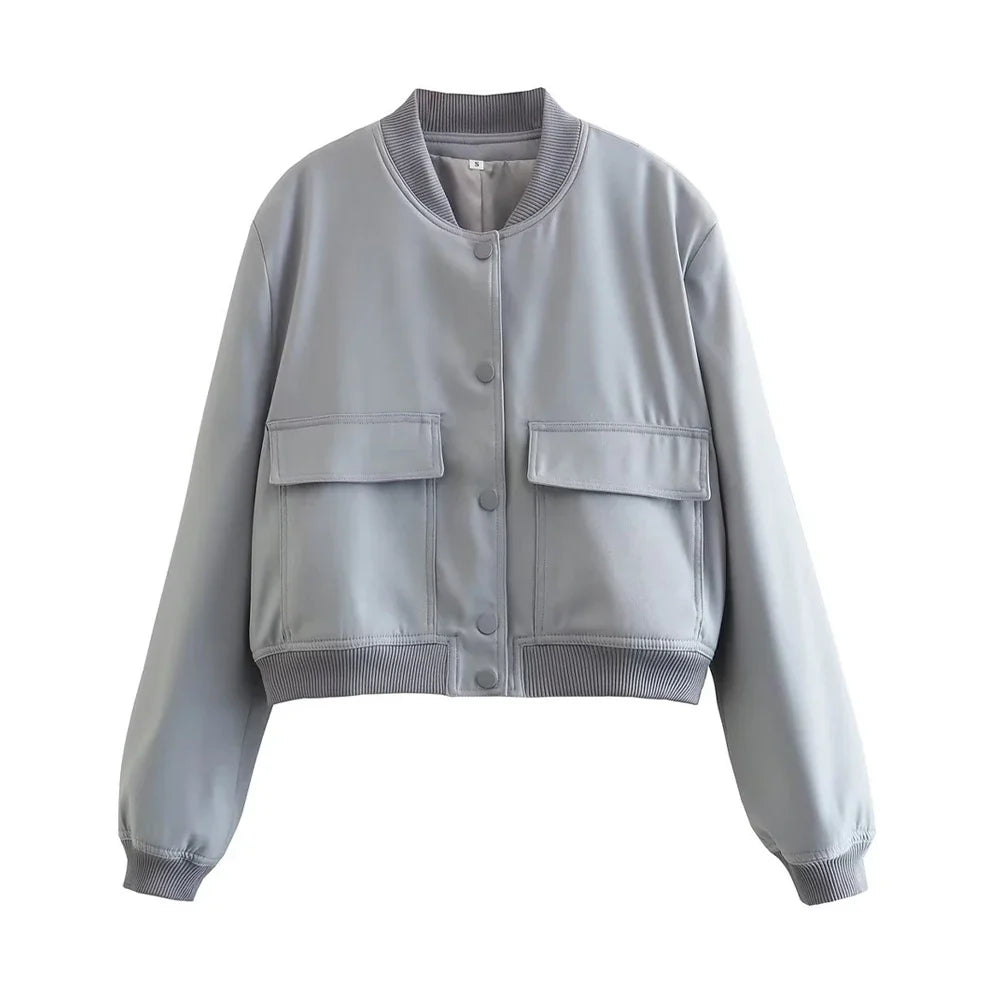 Women Fashion With Pockets Bomber Jacket Coats Vintage Long Sleeve Front Button Casual Female Outerwear Chic Tops LadyShow.Store