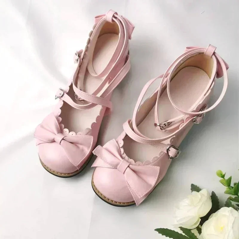 Lolita Shoes Women Flats Low Round With Cross Straps Bow Cute Girls Princess Tea Party Shoes Students Lovely Shoes Size 34-41 LadyShow.Store