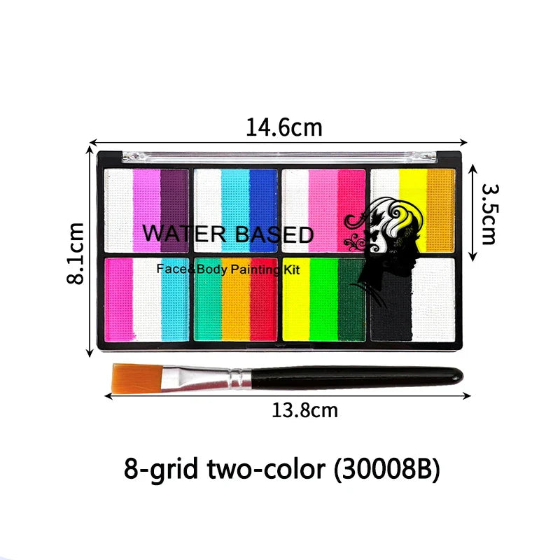 Palette Rainbow Stripe Paint Set with Brushes, Water Based Dual-Tone Face and Body Paint Palette, Christmas Halloween  Cosplay Tri Light Beauty