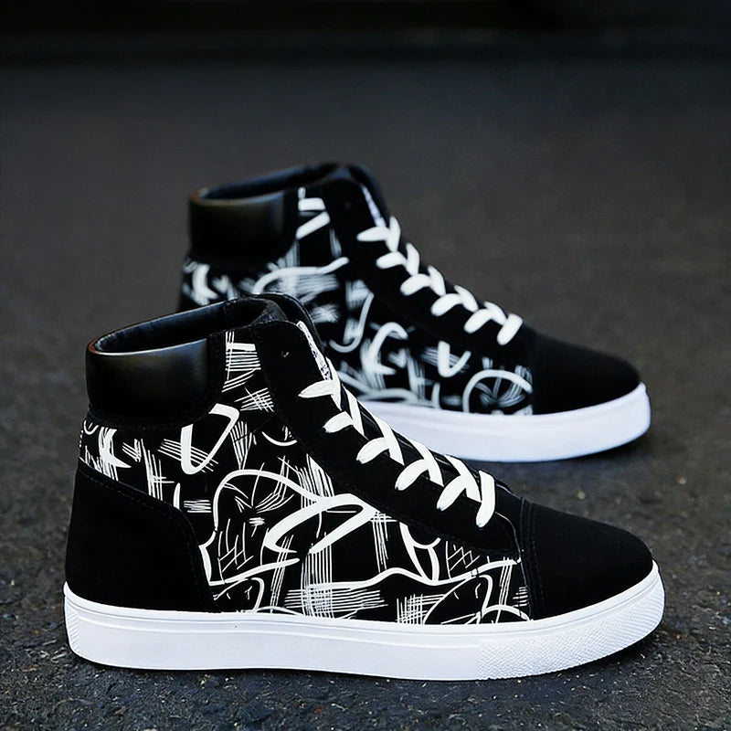 Street Style Fashion Sneakers Mens Casual Shoes Flat Breathable High top Black Red Brand Male Footwear Pi-Mart