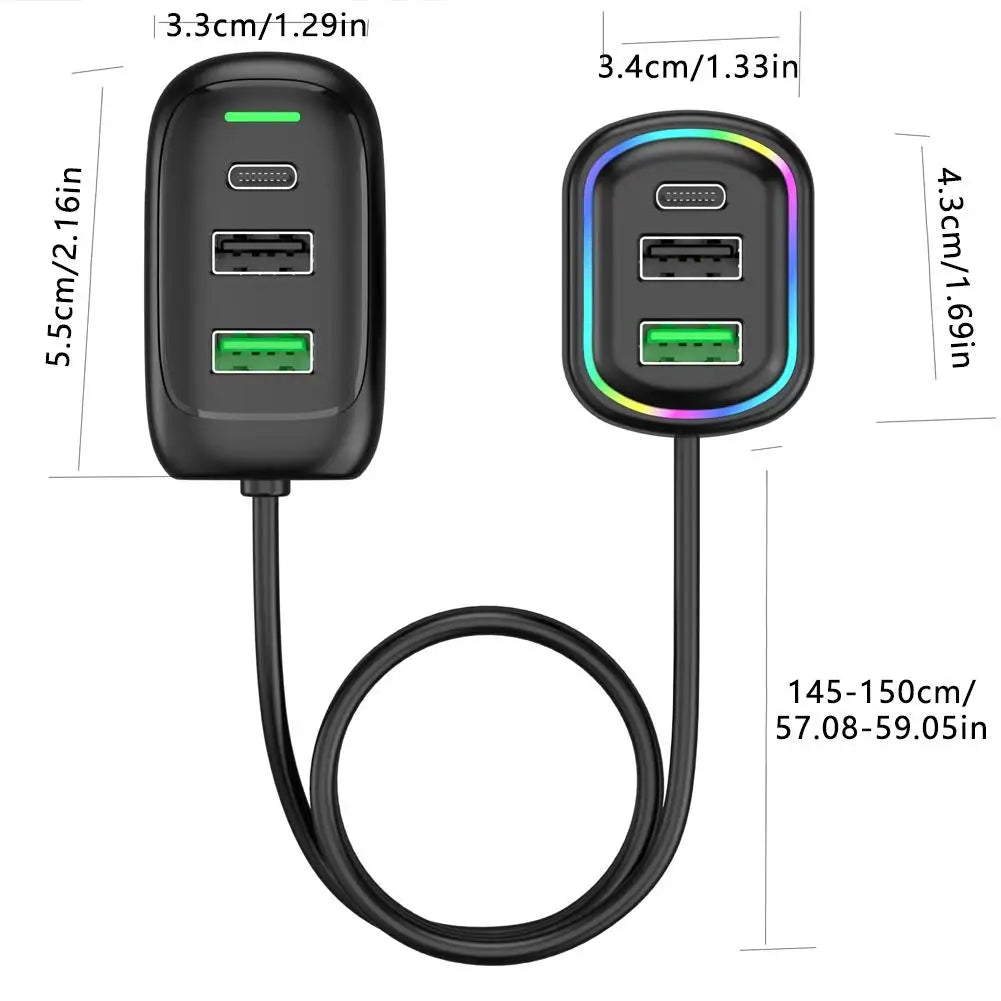 6-Ports USB Type-C Front And Rear Extension Car Charger With RGB Light PD Fast Charging Power Adapter For Iphone Tablet Pi-Mart