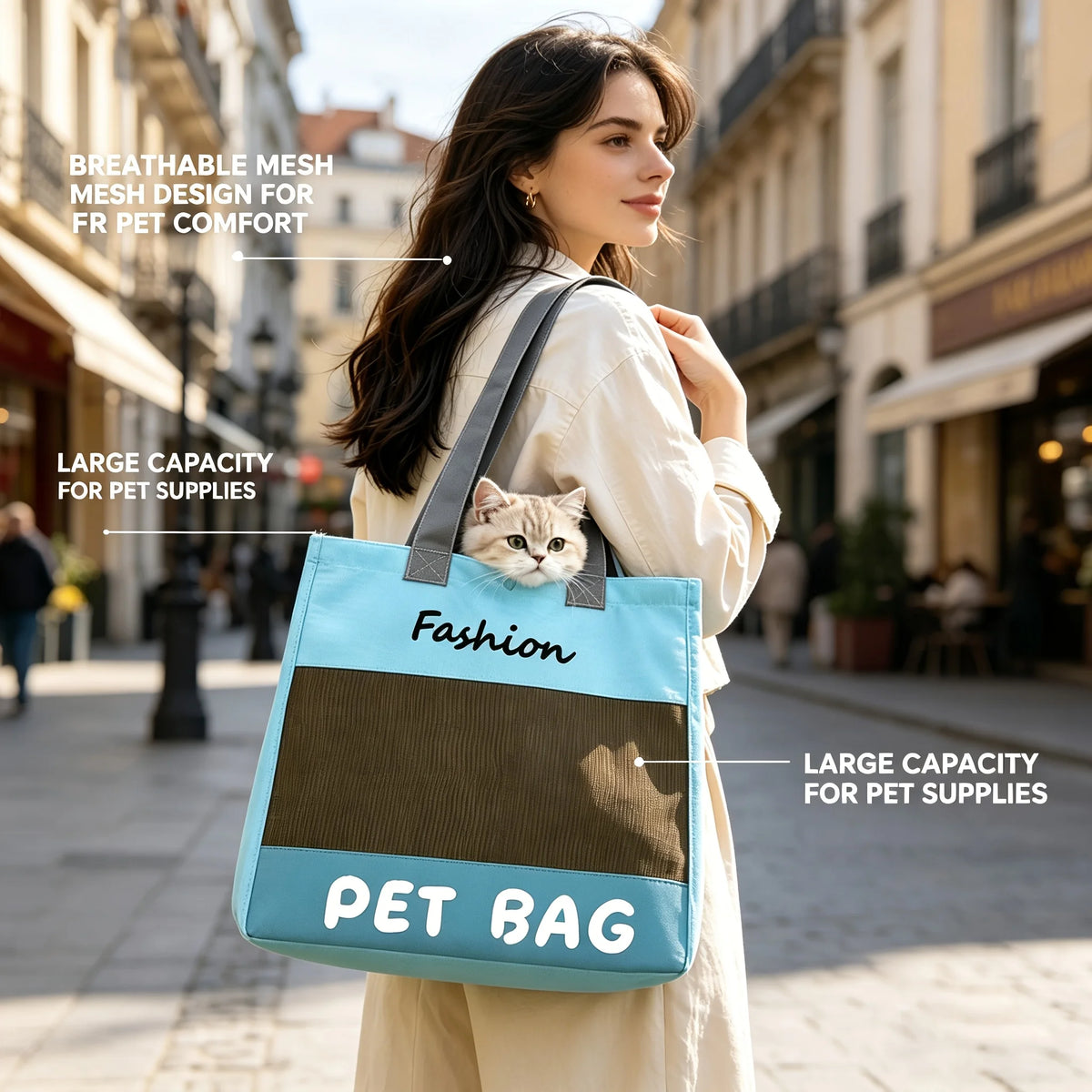 Fashion Portable Pet Tote Bag Breathable Mesh Cat Dog Shoulder Bag Outdoor Travel Handbag Small Puppy Kitten Transport Bag Pi-Mart