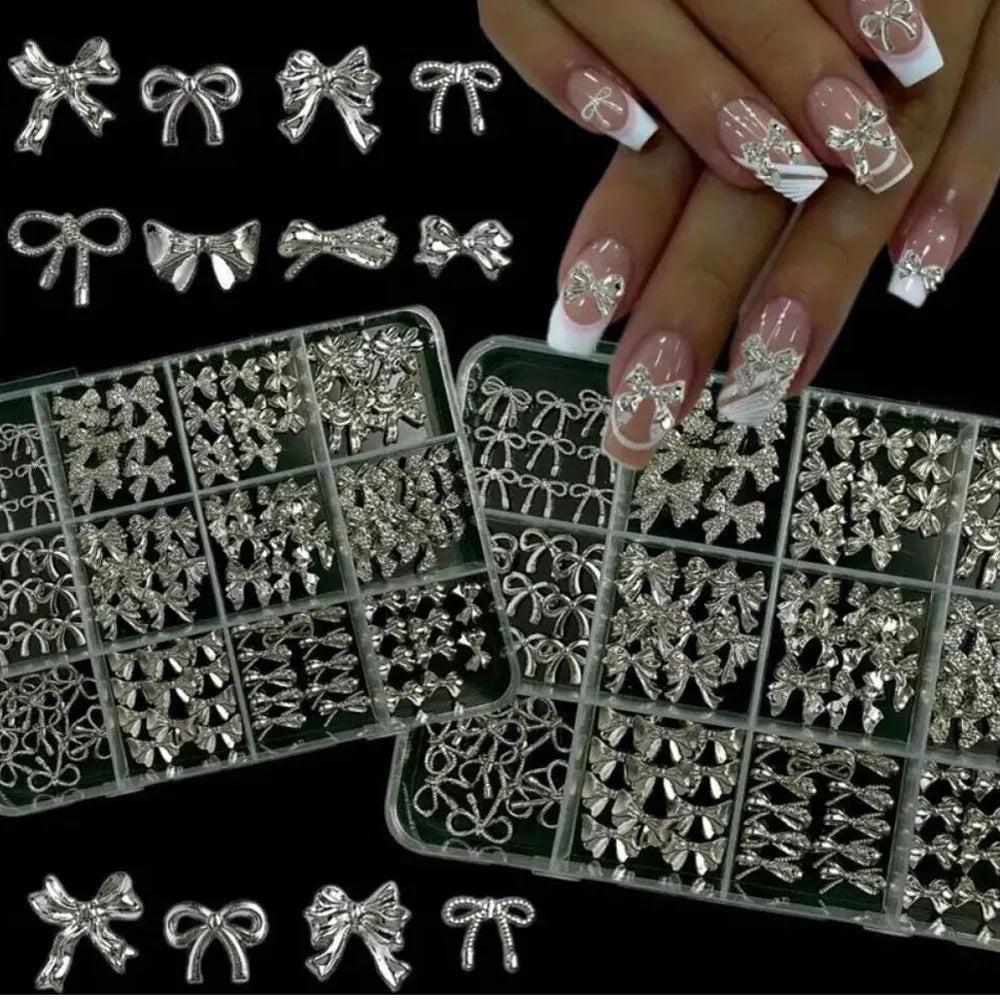 120Pcs/Box 3D Silver Exquisite Bowknot Nail Charms Simple Alloy Ribbon Bowtie Nail Art Decorations DIY Luxury Manicure Accessory Pi-Mart