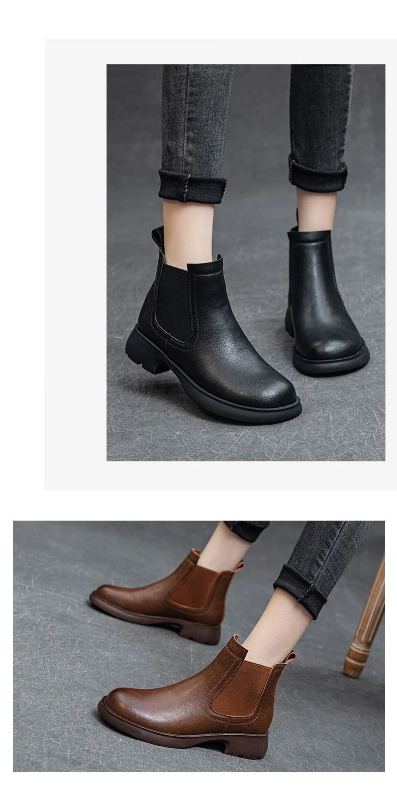 DRKANOL Fashion Women Thick Heel Ankle Boots Autumn Winter Warm Shoes Round Toe Real Cowhide British Style Slip On Chimney Boots Pi-Mart
