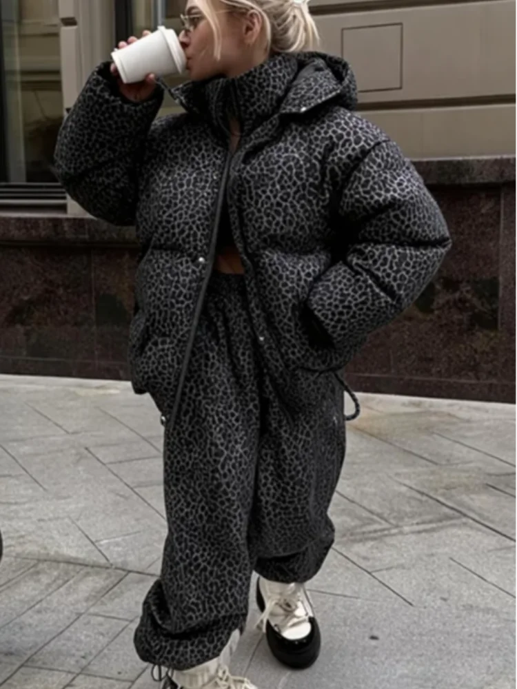 Chic Leopard Hooded Puffer Coat Set Women Quilted Full Sleeve Zip Jacket Wide Leg Pants 2026 New Lady Winter Thicken Warm Outfit Pi-Mart
