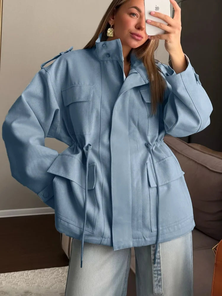 Women Blue Casual Multiple Patch Pocket Jacket Chic Corduroy Collar Single Breasted Short Coat 2026 Lady Daily Spring Wear New LadyShow.Store