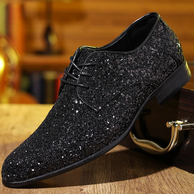 Luxury Men Dress Shoes Gold Silver Sequin Wedding Shoes High Quality Lace-Up  Oxford Shoes Fashion Designer Men Flats Large Size Pi-Mart