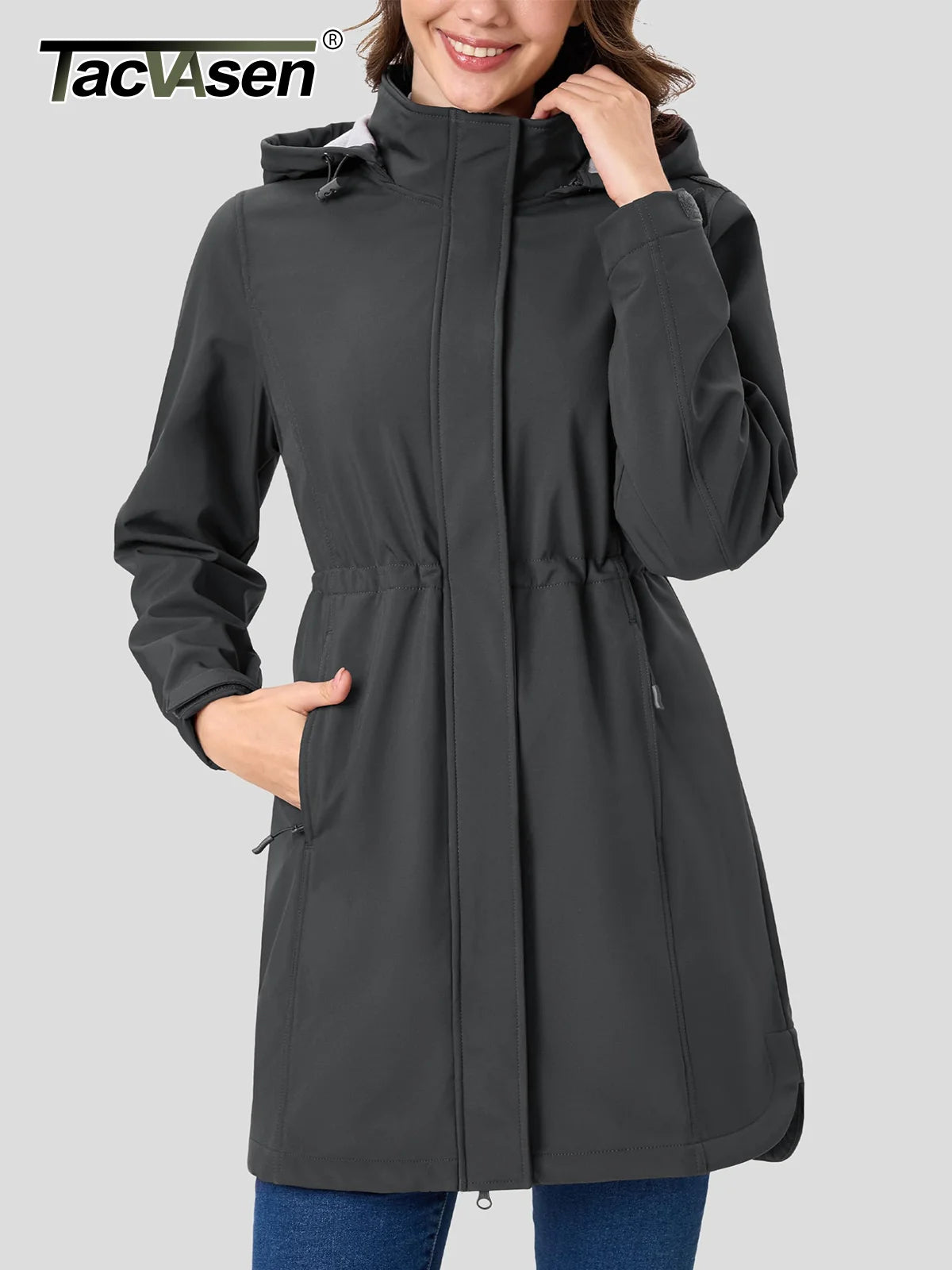 TACVASEN Women's Long Hooded Jacket Fleece Lined Softshell Jacket Waterproof Windproof Hiking Jacket Rain Coat Windbreaker Parka Pi-Mart