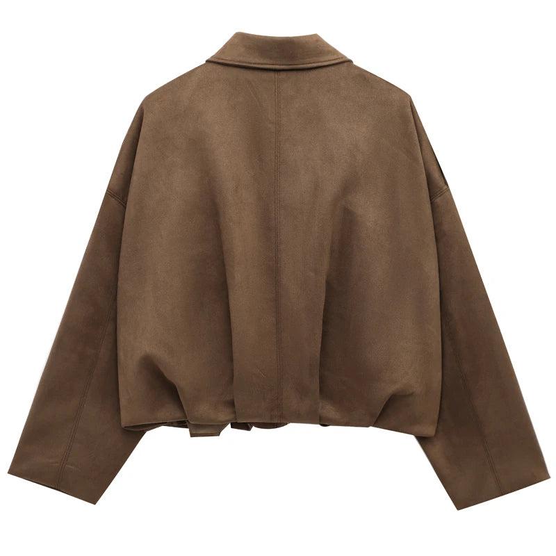 HXAO Women's Bomber Jacket Lapel Long Sleeve Zipper Suede Jacket Women 2025 High Street Cropped Racing Jackets Coats Outerwears Pi-Mart