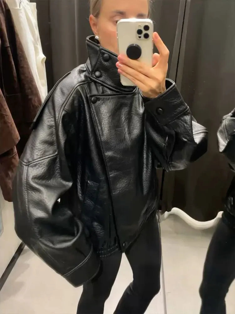 HH Autumn Faux Leather Jacket For Women Casual Solid Long Sleeve Zipper Pu Leather Coats New Fashion Female Streetwear Pi-Mart