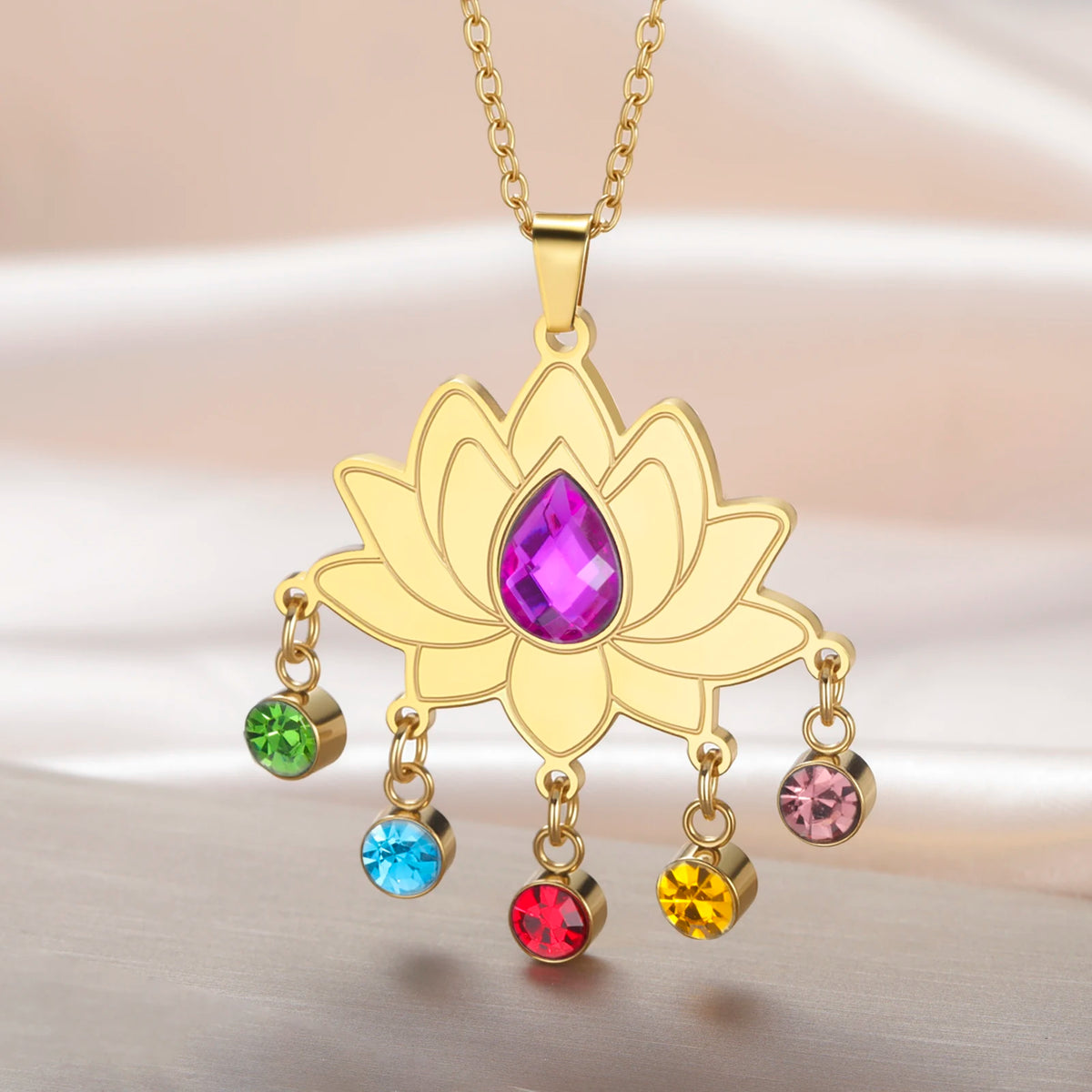 Gold Plated 7 Chakra Lotus Flower Necklace with Om Symbol Spiritual Yoga Jewelry Seven Colorful Zircon Lotus Flower Necklace Pi-Mart