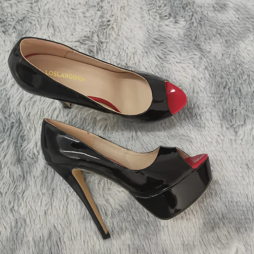 Women Pumps Sexy Platform Peep Toe 14cm Extremely Thin High Heels Stiletto Patent Leather Fashion Party Nighclub Wedding Shoes Pi-Mart