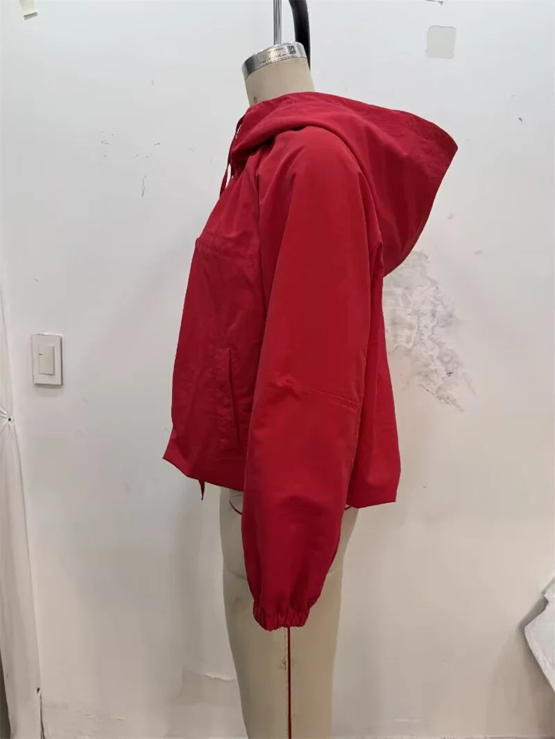 Women's Jacket 2026 Autumn New Red Long-Sleeve Drawstring Decorative Festive Hoodie Zipper Cardigan Casual Fashion Versatile Pi-Mart