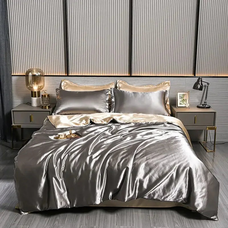 Luxury 100% Silk Bedding Set with Duvet Cover Set Double King Queen Size Bedding Cover Kit 4pcs Bed Cover Bed Linen Sets Pi-Mart