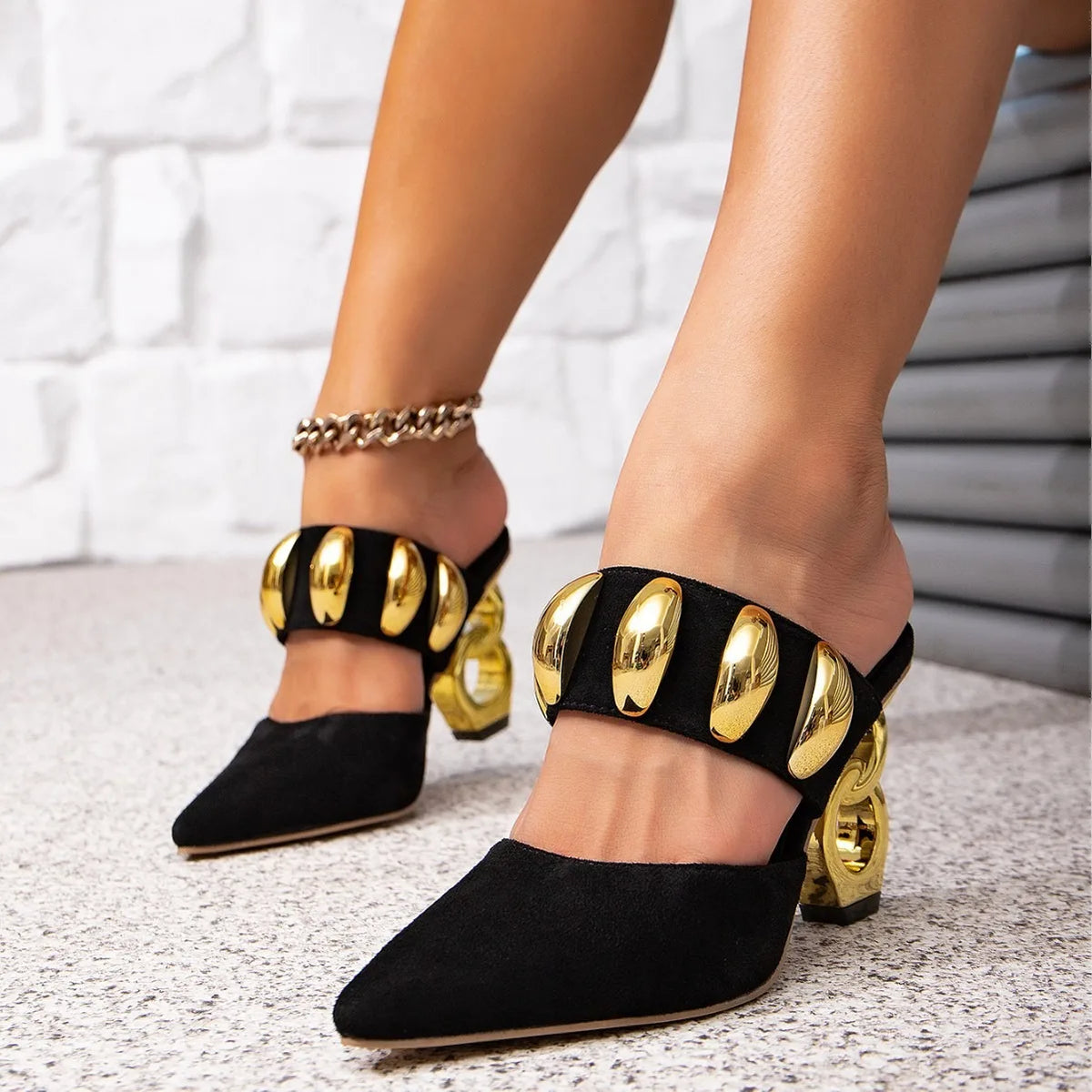 35-43 Half Shoes Women Sandals Black spike Heels for Ladies Luxury Heels Woman Mules Golden Heels Tacones Sandalias De Mujer Pi-Mart