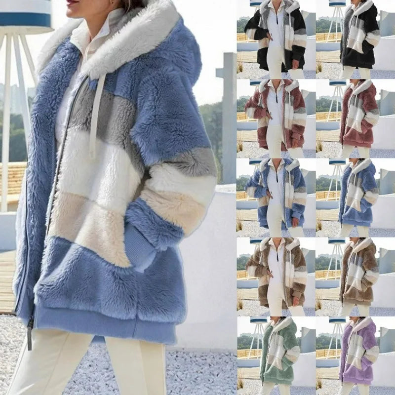 Oversized Jacket for Women 2023 New Autumn Winter Warm Plush Pocket Hooded Streetwear Loose Lady Outerwear Coat Roupas Feminina LadyShow.Store