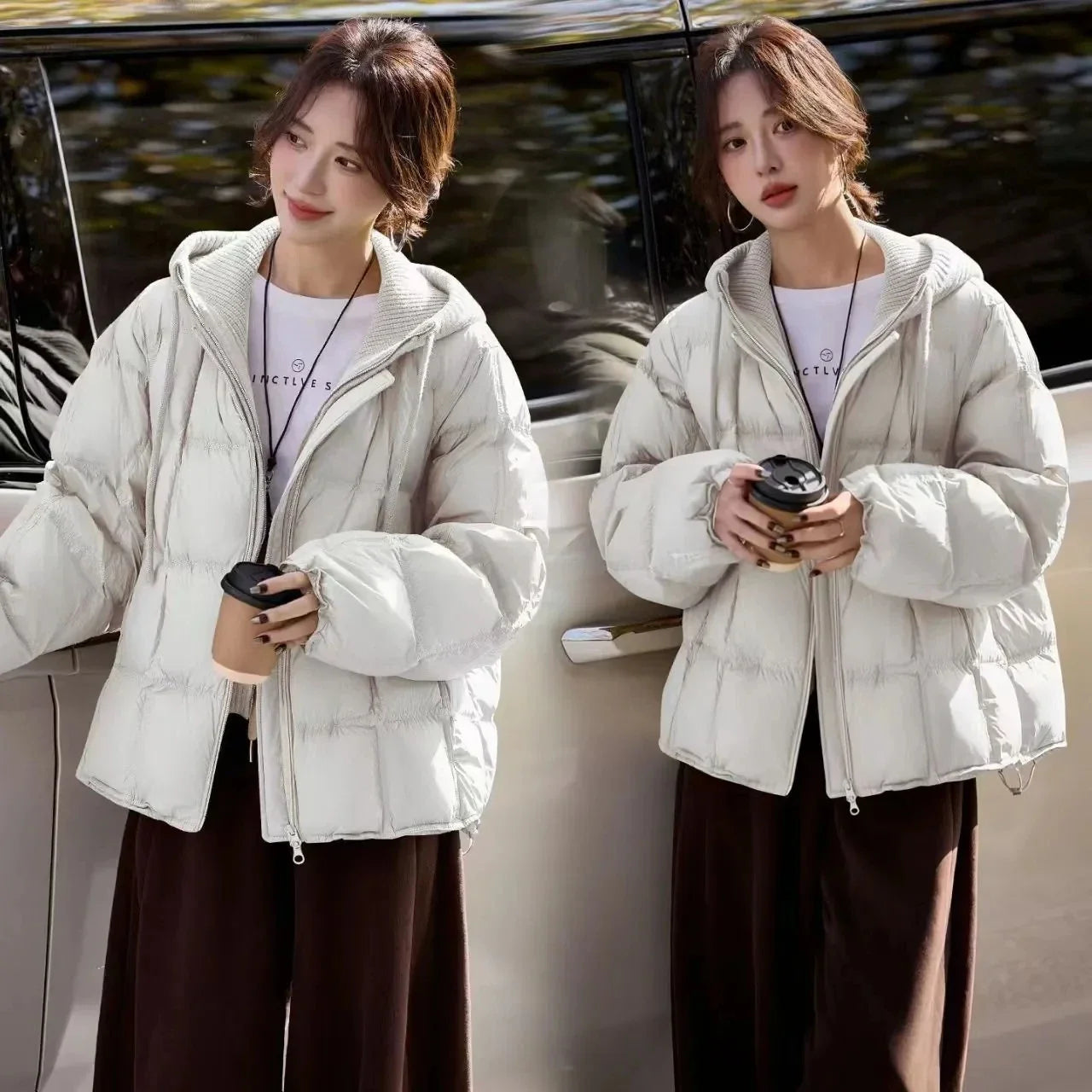 Femme Korean Cotton Padded Outwear 2026 New Autumn Winter Women Casual Knitted Hooded Puffer Jacket Fake Two-piece Warm Parkas LadyShow.Store