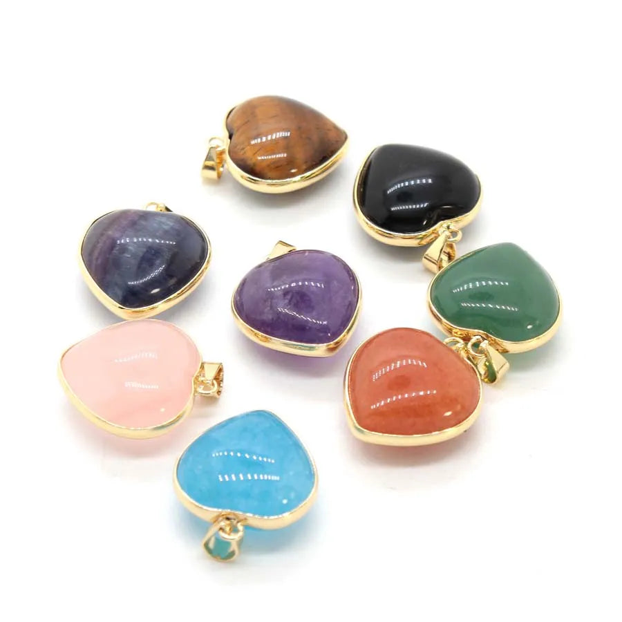 Charms Natural Healing Crystal Heart Stone Pendants For Women Necklace DIY Amethyst Rose Quartz Fluorite Aquamarine Men Jewelry Pi-Mart