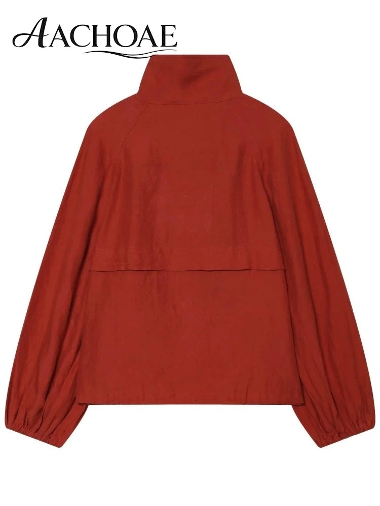 AACHOAE Women High Neck Lightweight Jacket Casual Long Sleeve Windbreaker Coat Drawstring Hem Button Front Short Outerwear Pi-Mart
