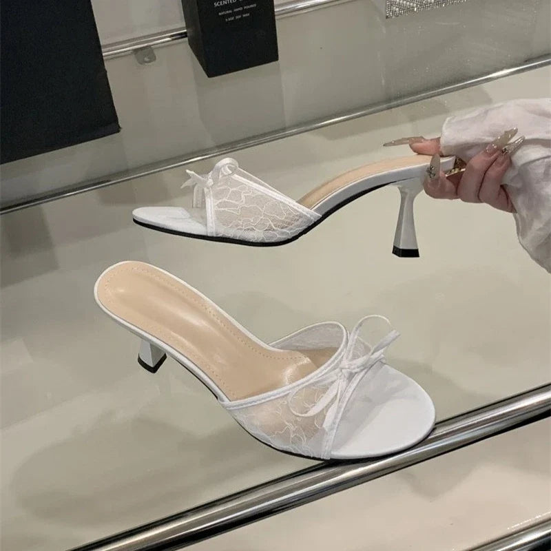 Summer Women Net Butterfly-knot Slippers Fashion Cover Pointed Toe Slip On Mules Shoes Thin High Heel Ladies Elegant Slides Pump LadyShow.Store