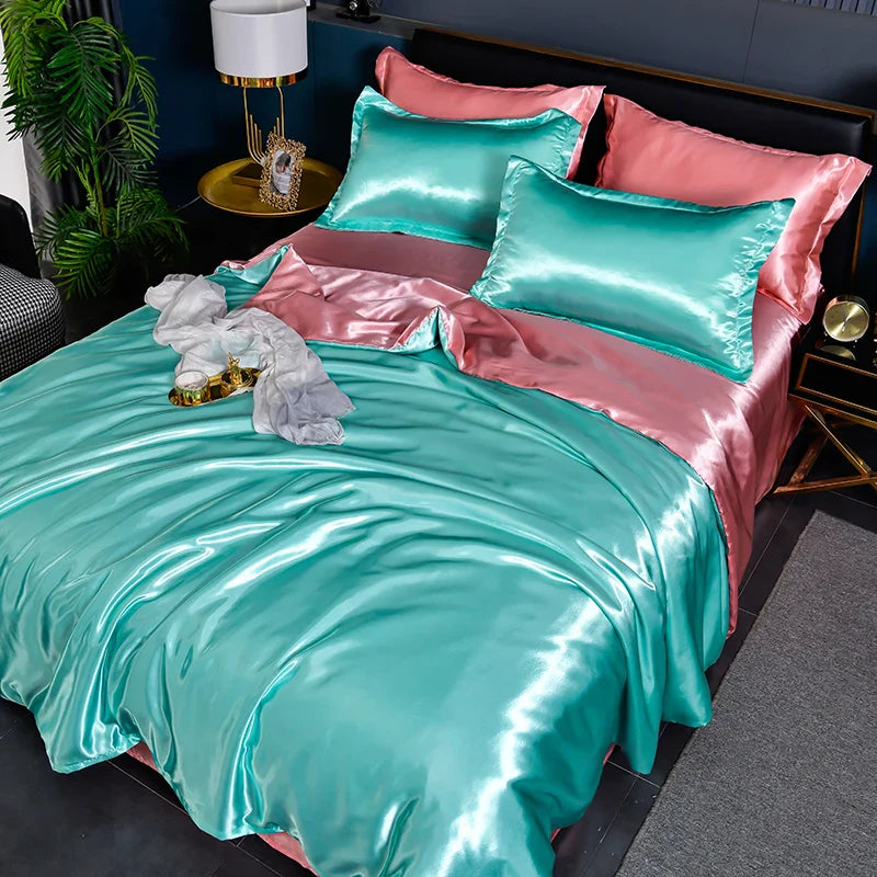 A/B Double-Sided Color Bedding Set Silky Satin Duvet Cover Bed Sheet Pillowcase Luxury Bedsheet King Queen Double Twin Size LadyShow.Store