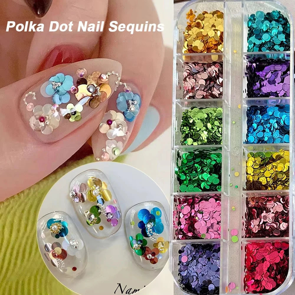3D Spliced Flower Polka Dot Nail Art Sequins 12 Grids Retro 1-3mm Round Nail Glitter Sparkling Flakes Nail Charms Manicure Decro Pi-Mart