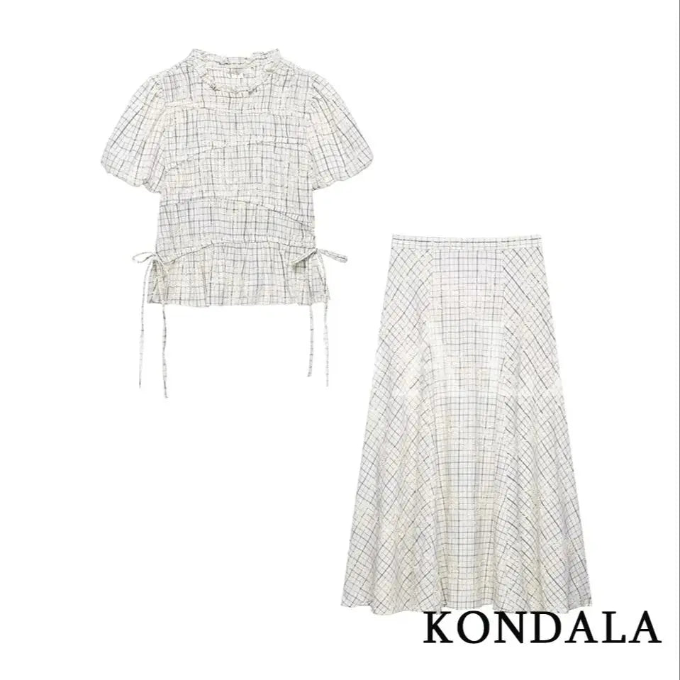KONDALA Chic Embroidery Plaid Skirt Set Women Trendy 2026 Spring Summer Holidays Casual Set Puff Sleeve Shirts, A-Line Skirts Pi-Mart
