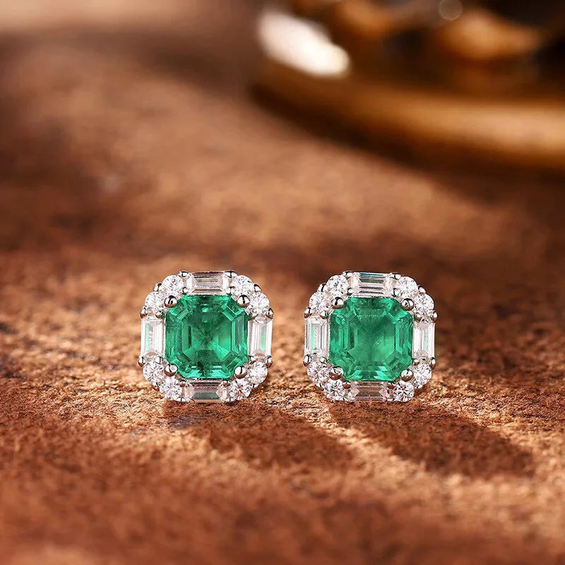 European and American Square Green Zircon Earrings, French Romantic Women's Inlaid Zircon Banquet Design, Shiny Jewelry Pi-Mart