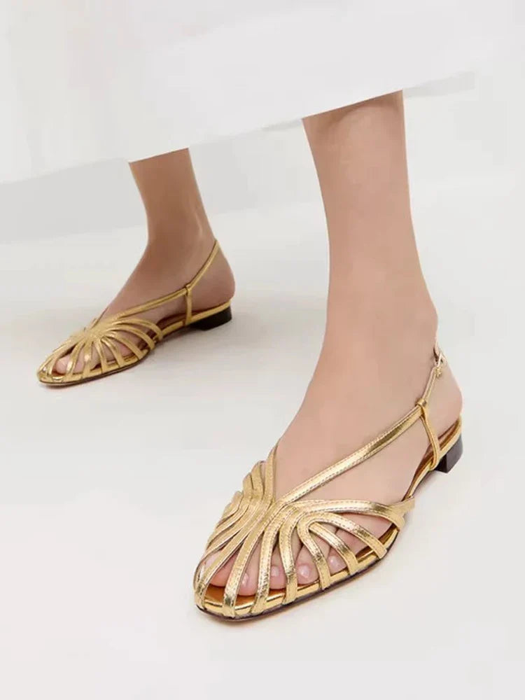 Women Plus Size Flat Gladiator Sandals Summer Sexy Luxury Gold Narrow Band Hollow Out Designer Brand Party Dress Shoes Sandalias LadyShow.Store