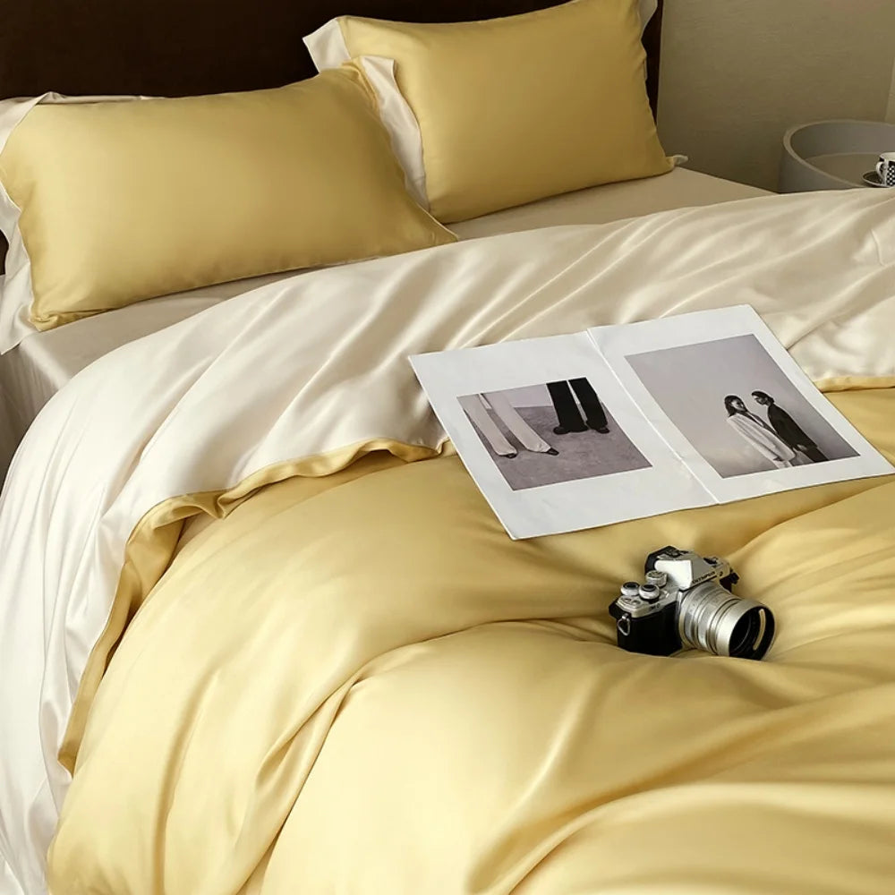 Liv-Esthete Top Grade 100% Silk Duvet Cover Set Queen King Yellow White Bedding Set Flat Sheet Beauty Pillowcase Bed Linen Pi-Mart