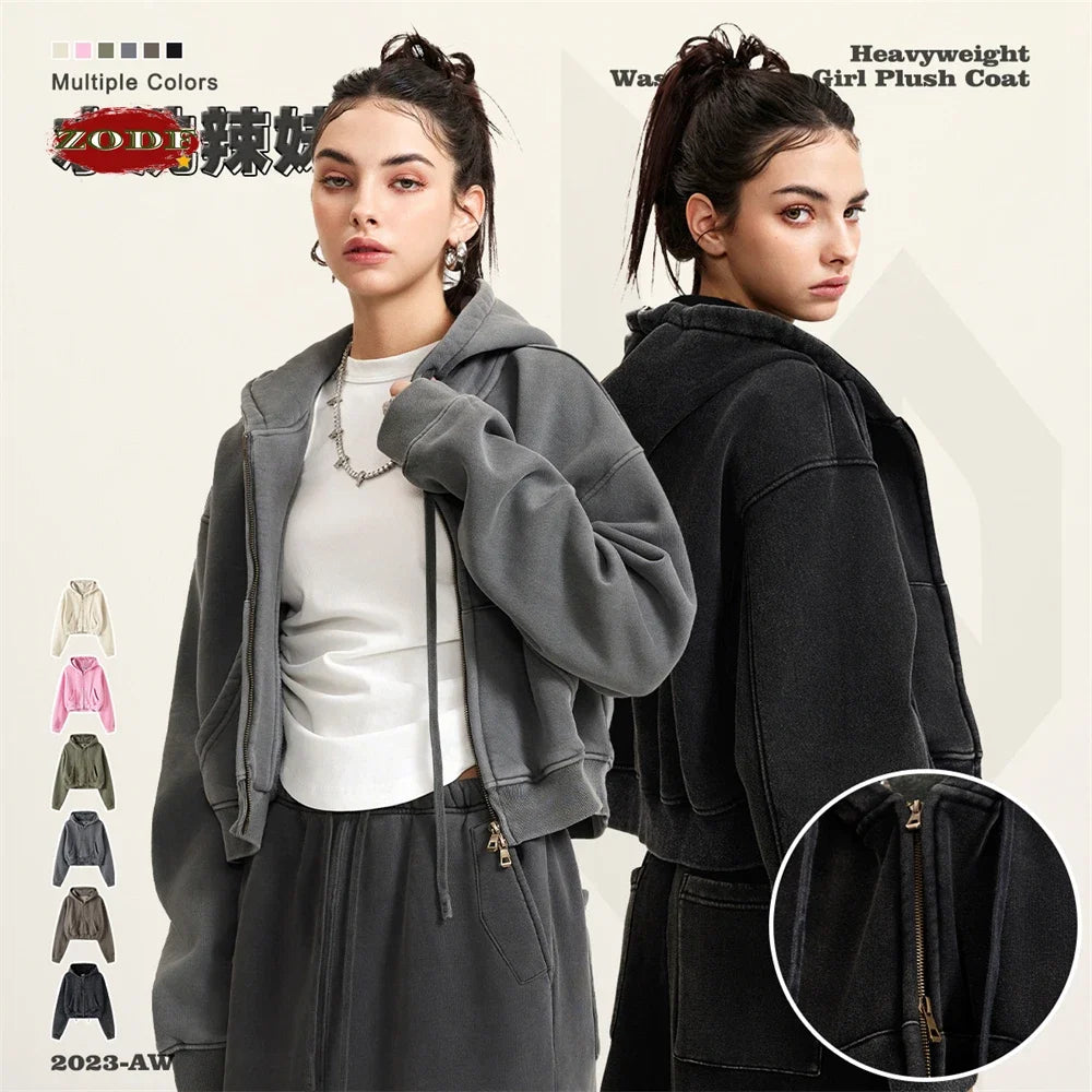 ZODF Retro 2025 Winter Women Short Zipper Hoodies Female Girls Loose 355gsm Thick Fleece Hooded Zip-up Coat Streetwears HY0448 LadyShow.Store