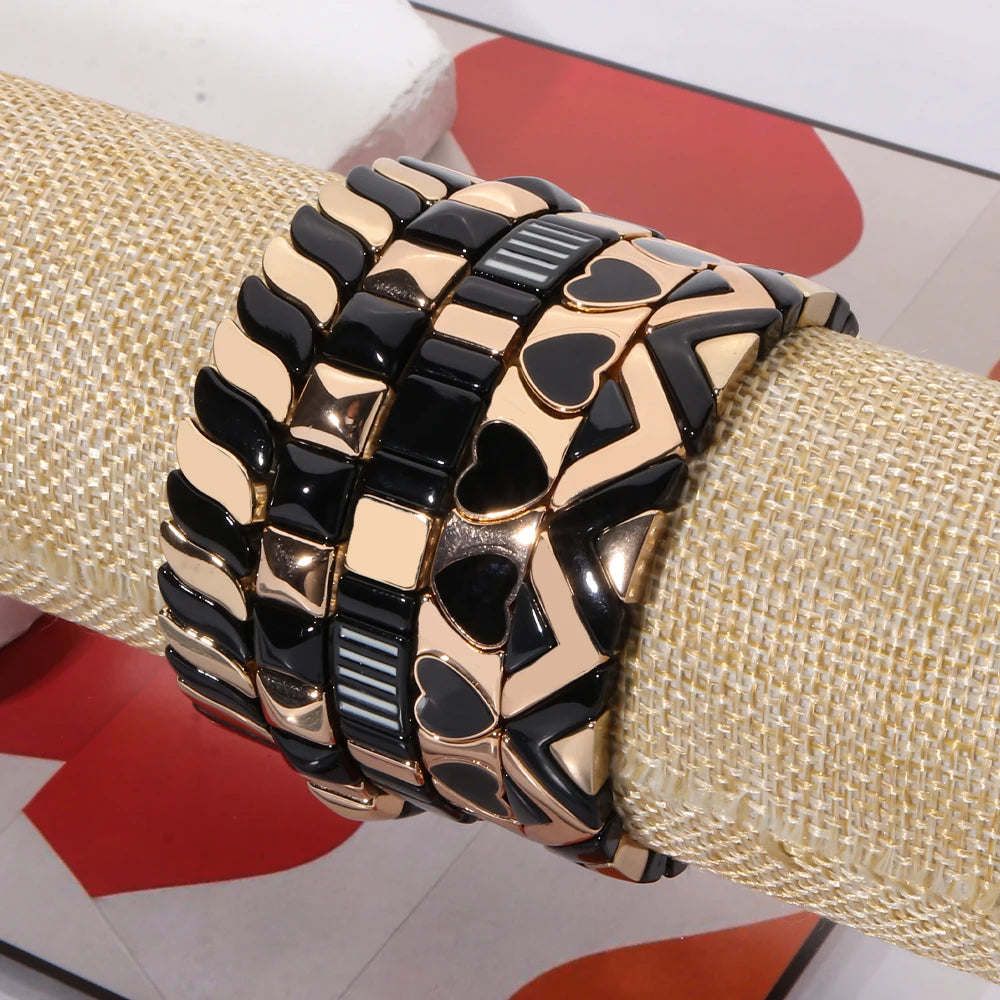 2026 New Black Gold Color Beaded Bangle for Women and Men Handmade Elastic hand Wrist Bracelets Pi-Mart