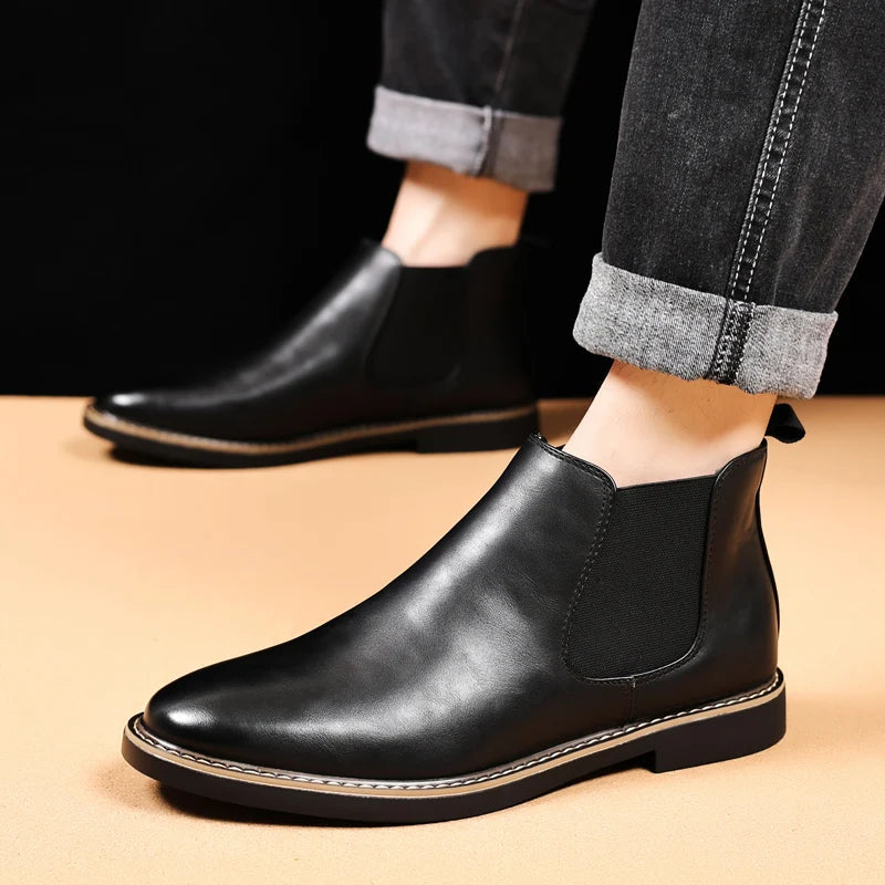 YRZL 39~47 Men Chelsea Boots Brand Retro Comfortable PU Leather Ankle Boots Men 2025 Fashion Black Brown Mens Boots Pi-Mart