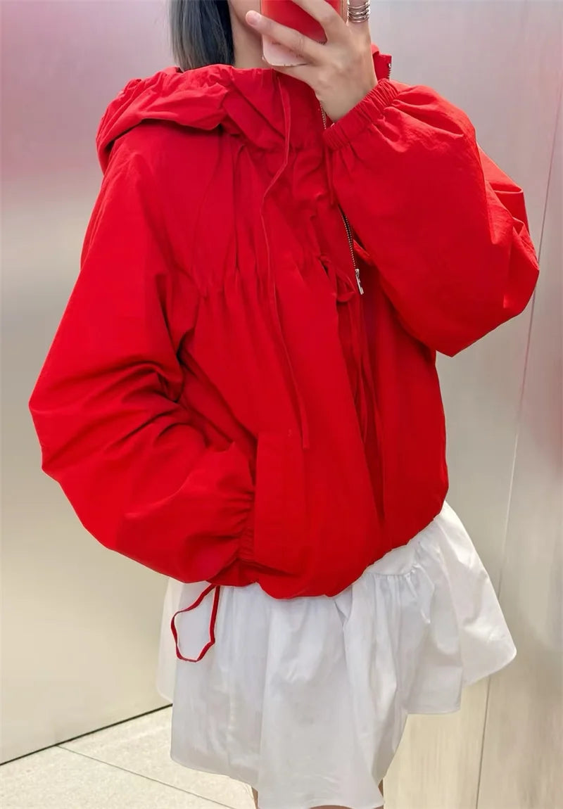 Women's Jacket 2026 Autumn New Red Long-Sleeve Drawstring Decorative Festive Hoodie Zipper Cardigan Casual Fashion Versatile Pi-Mart