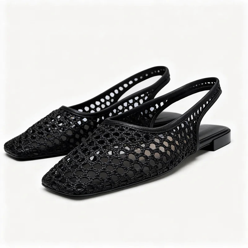 Weave Mesh Breathable Mules Sandals for Women Summer New Slingback Beach Shoes Casual Square Toe Fashion Ballet Flats Ladies LadyShow.Store