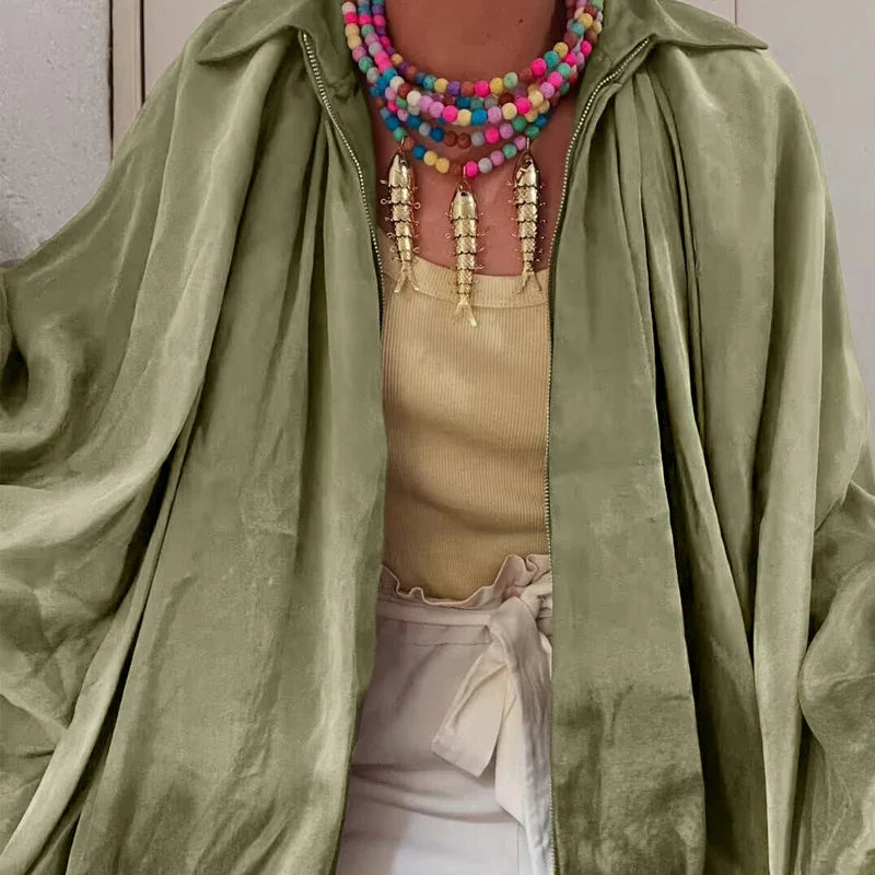 Women's Bomber Jacket Long Sleeve Pleats Street Wear With Zipper Green Beige Vintage Oversize Zip Up Casual Summer Jacket female LadyShow.Store