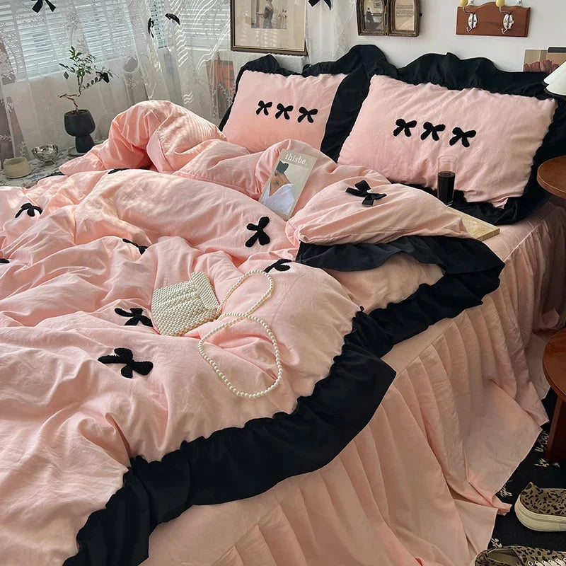 Black Bow Cotton Bedding Set, Princess Style Cute Girl Skin Friendly Soft Duvet Cover, Bed Sheet or Bed Skirt Pillowcase Pi-Mart