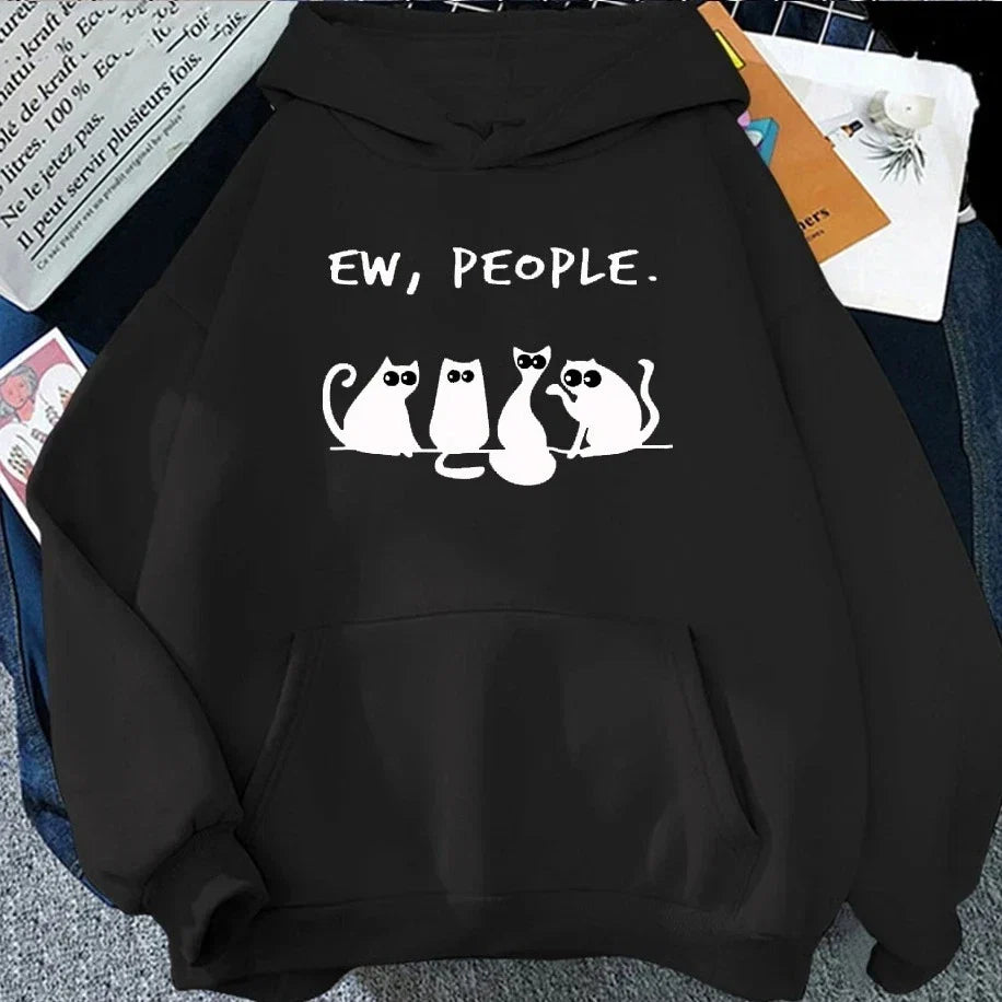 American Vintage 2025 Autumn Winter Woman Hoodies EW PEOPLE Letter Print Top Funny Harajuku Cartoon Black Cat Pattern Clothing LadyShow.Store