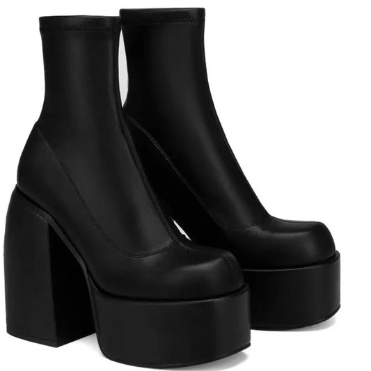 Women New Fashion Short Boots Women Sexy Leather Boot Square toe casual Zipper high heels Casual thick soled women shoes Zapatos LadyShow.Store