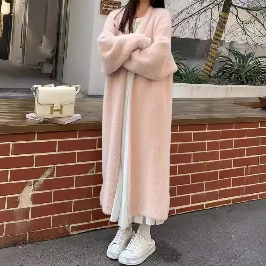 Autumn and winter loose and lazy style open knit coat, thick knee length imitation mink fur long sleeved sweater, warm jacket LadyShow.Store