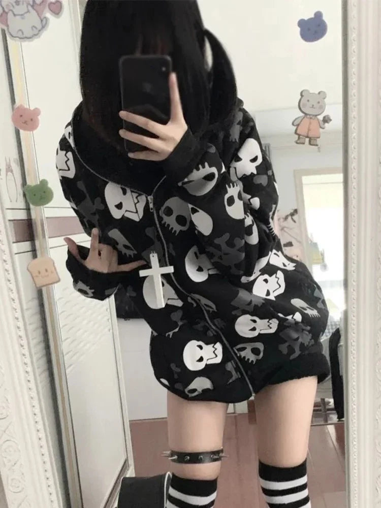 AltGoth Cyberpunk Y2k Sweatshirt Women Mall Goth Harajuku Skull Printed Long Sleeve Zipper Cardigan Hoodie Emo Alt Indie Clothes LadyShow.Store