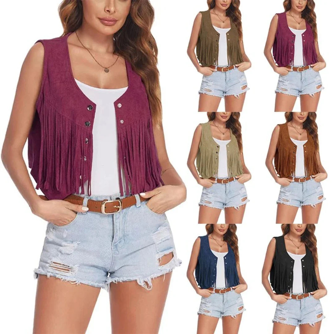 Women Faux Suede Ethnic Sleeveless For Jacket Rivet Fringe Tassels Hippie Open Front Cardigan Vintage Cowgirl Waistcoat Vest LadyShow.Store