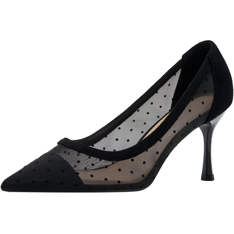 maogu Black Women Pointed Toe High Heel Work Shoes Dot Mesh Vintage Elegant Shallow Stiletto 2023 Spring Summer Thin Heels Pumps LadyShow.Store