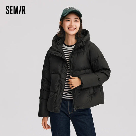 Semir Down Jacket Women Solid Color Loose Versatile 2025 Winter New Waterproof Oil-proof Stain-proof Hooded Coat Down Jacket LadyShow.Store