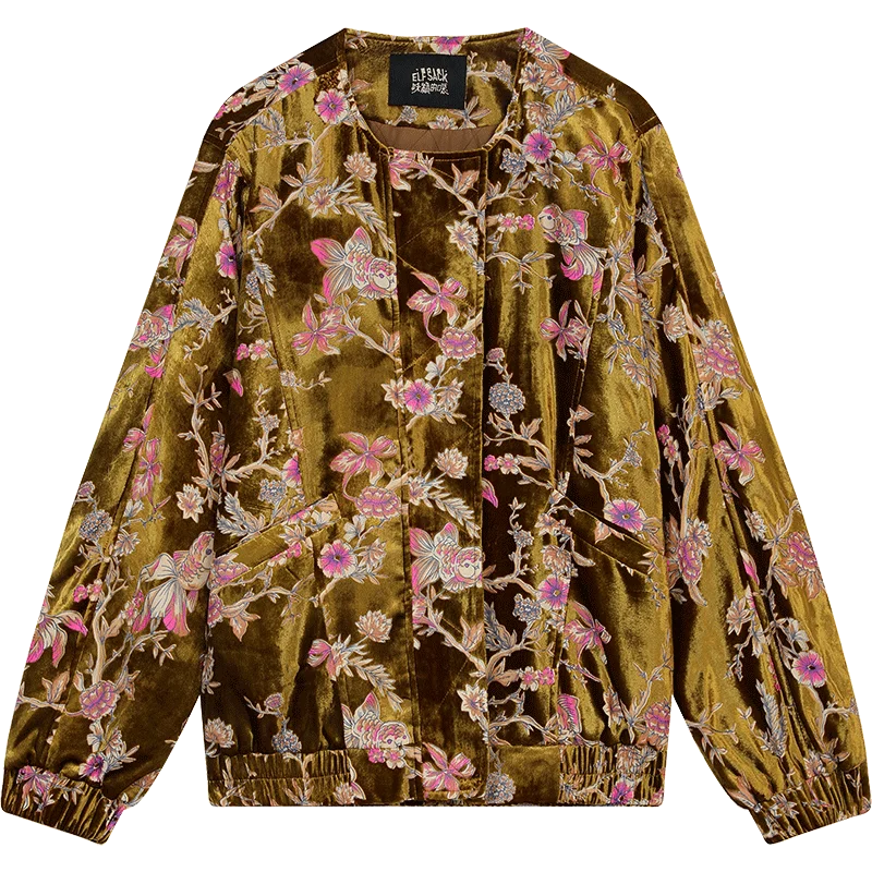 ELFSACK 2025 Gold Velvet Jacket Women's Winter Short Coat, Embroidered Goldfish Chinese Style Vintage Loose Padded Jacket LadyShow.Store