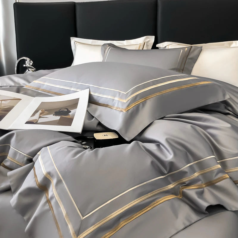 Hotel Style Bedding Set Luxury Golden Embroidery Duvet Cover Grey Egyptian Cotton Bed Sheets Pillowcases Solid Color Bedclothes Pi-Mart