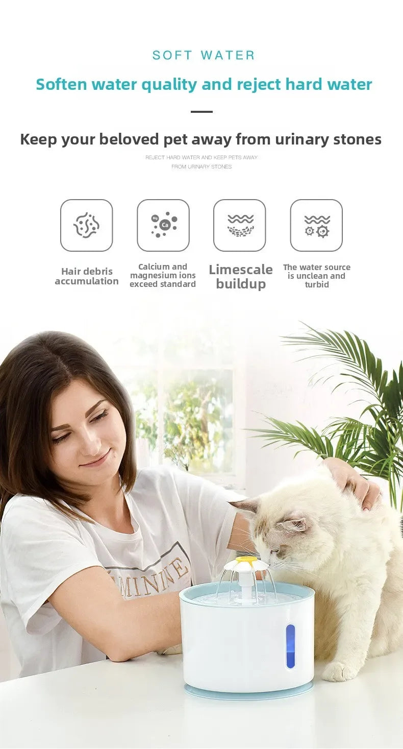 Pet Water Fountain Quiet Pump Visible Water Level 4-Layer Filter Flower Nozzle Cat Dispenser Drinking Bowl Cats Small Dogs Home Pi-Mart